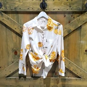 FRENCHI YELLOW GOLD FLORAL BUTTON-DOWN  TOP